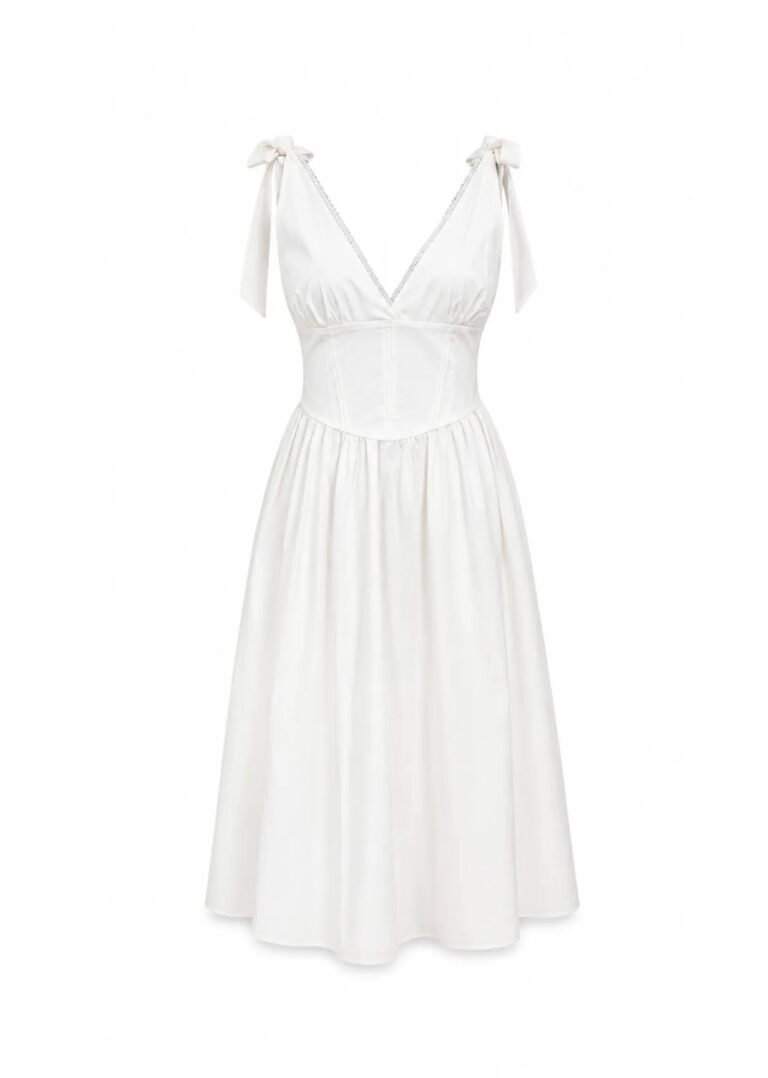 ECRU V-NECK MIDI DRESS WITH TIE-SHOULDER STRAPS