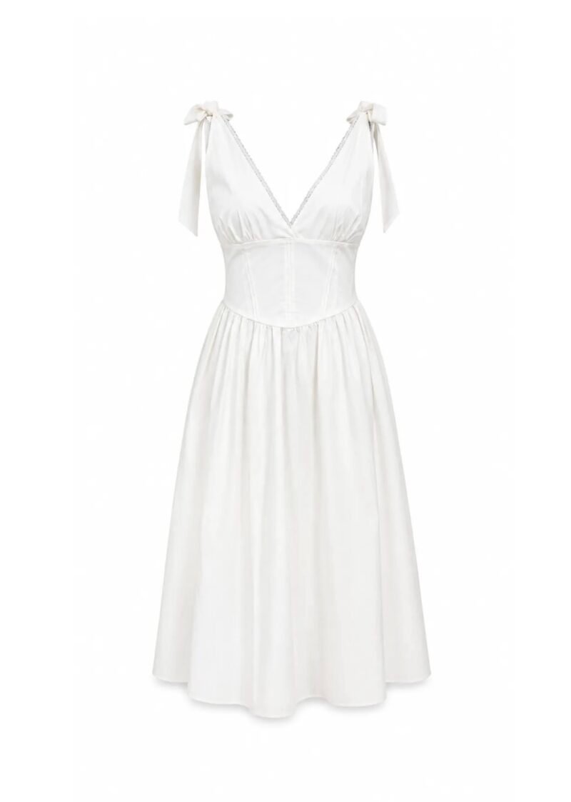 ECRU V-NECK MIDI DRESS WITH TIE-SHOULDER STRAPS