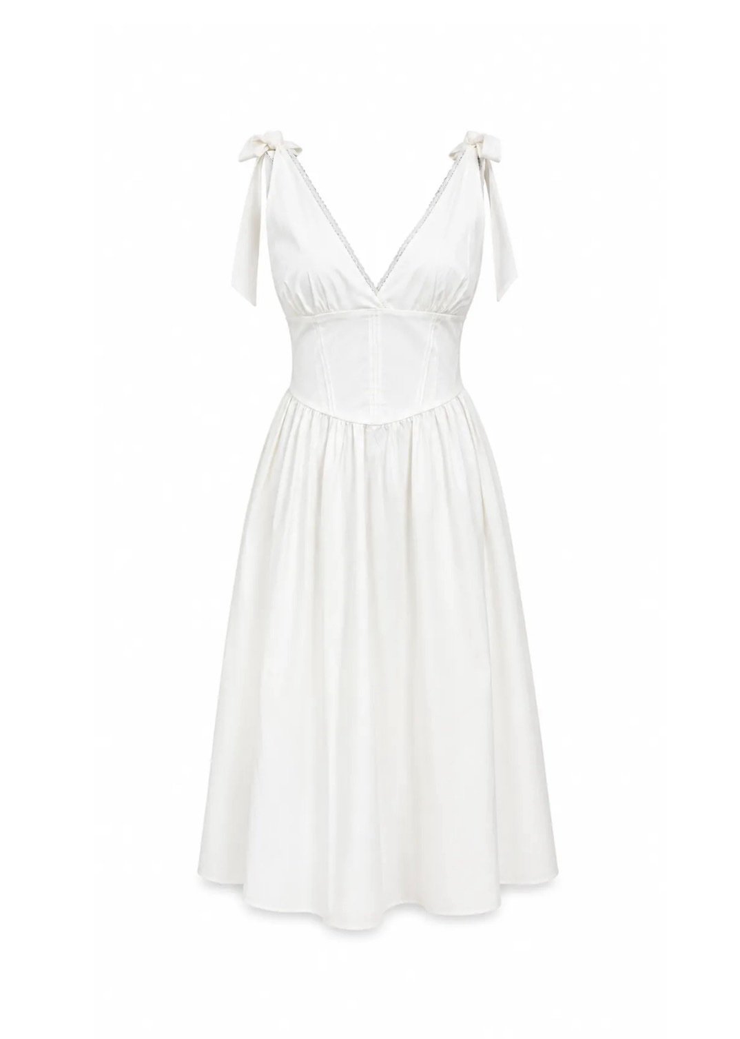 ECRU V-NECK MIDI DRESS WITH TIE-SHOULDER STRAPS