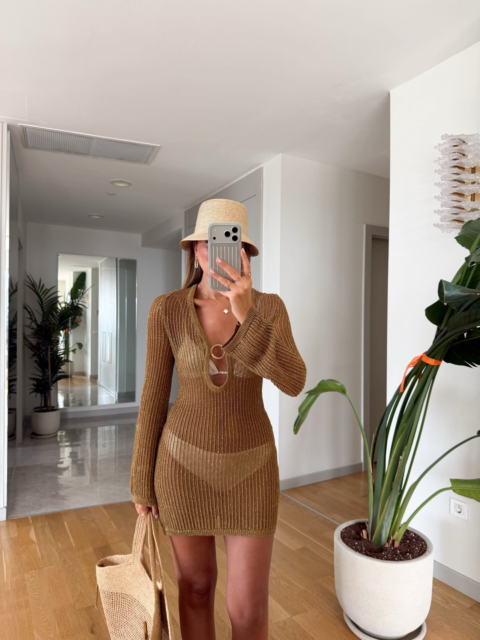 Knitted Mini Dress with Ring Buckle - Gold - Image 3