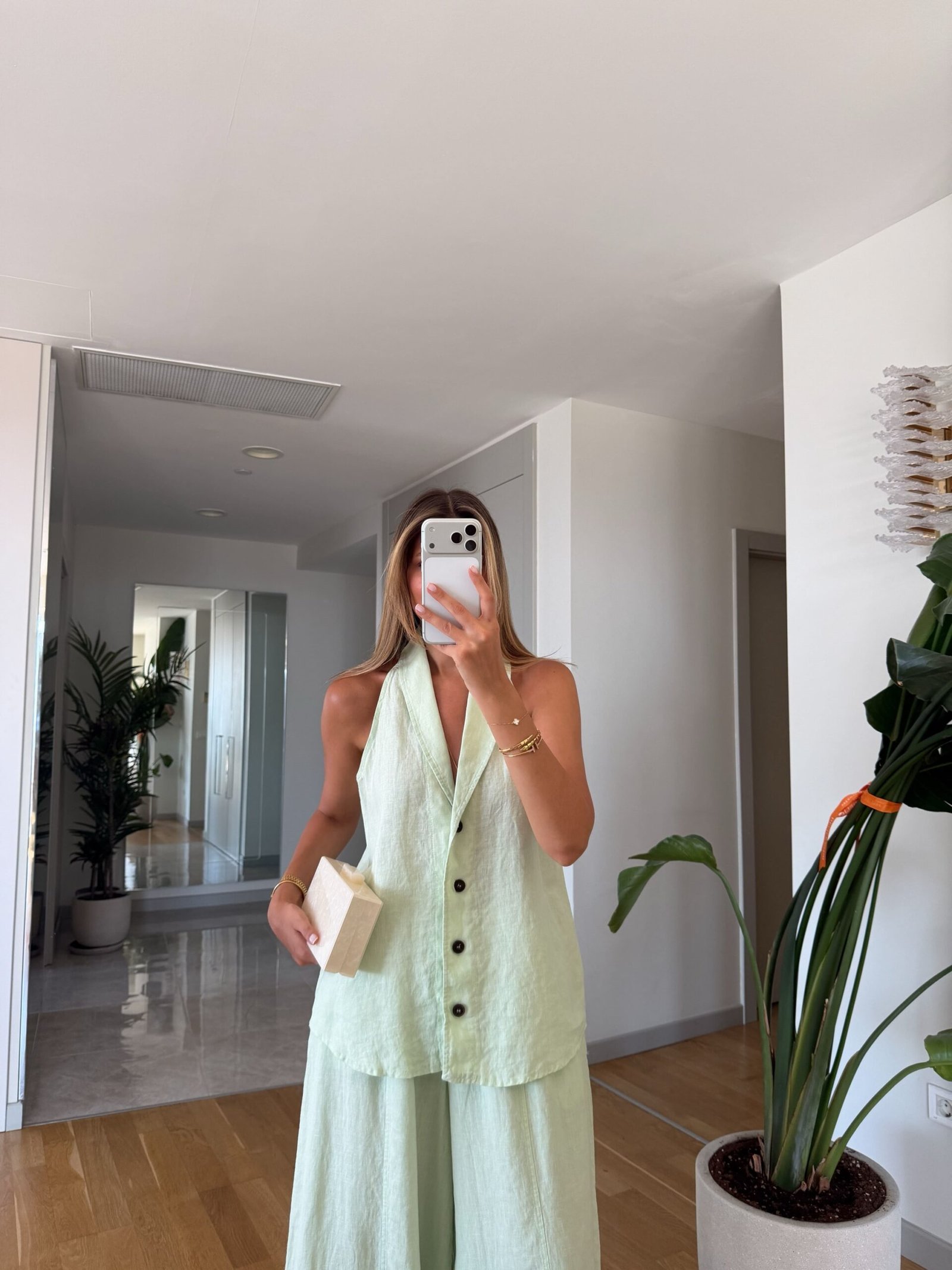 100% Linen Vest and Trousers Set - Mint - Image 4