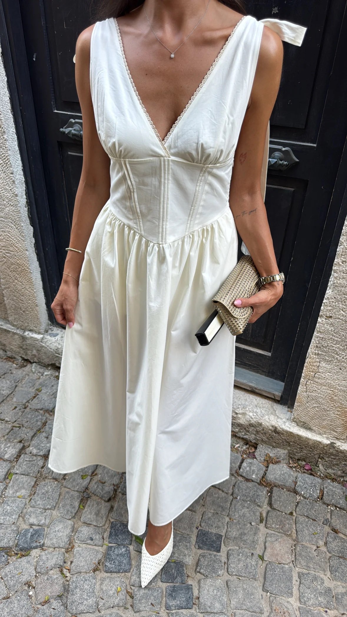 ECRU V-NECK MIDI DRESS WITH TIE-SHOULDER STRAPS - Image 2