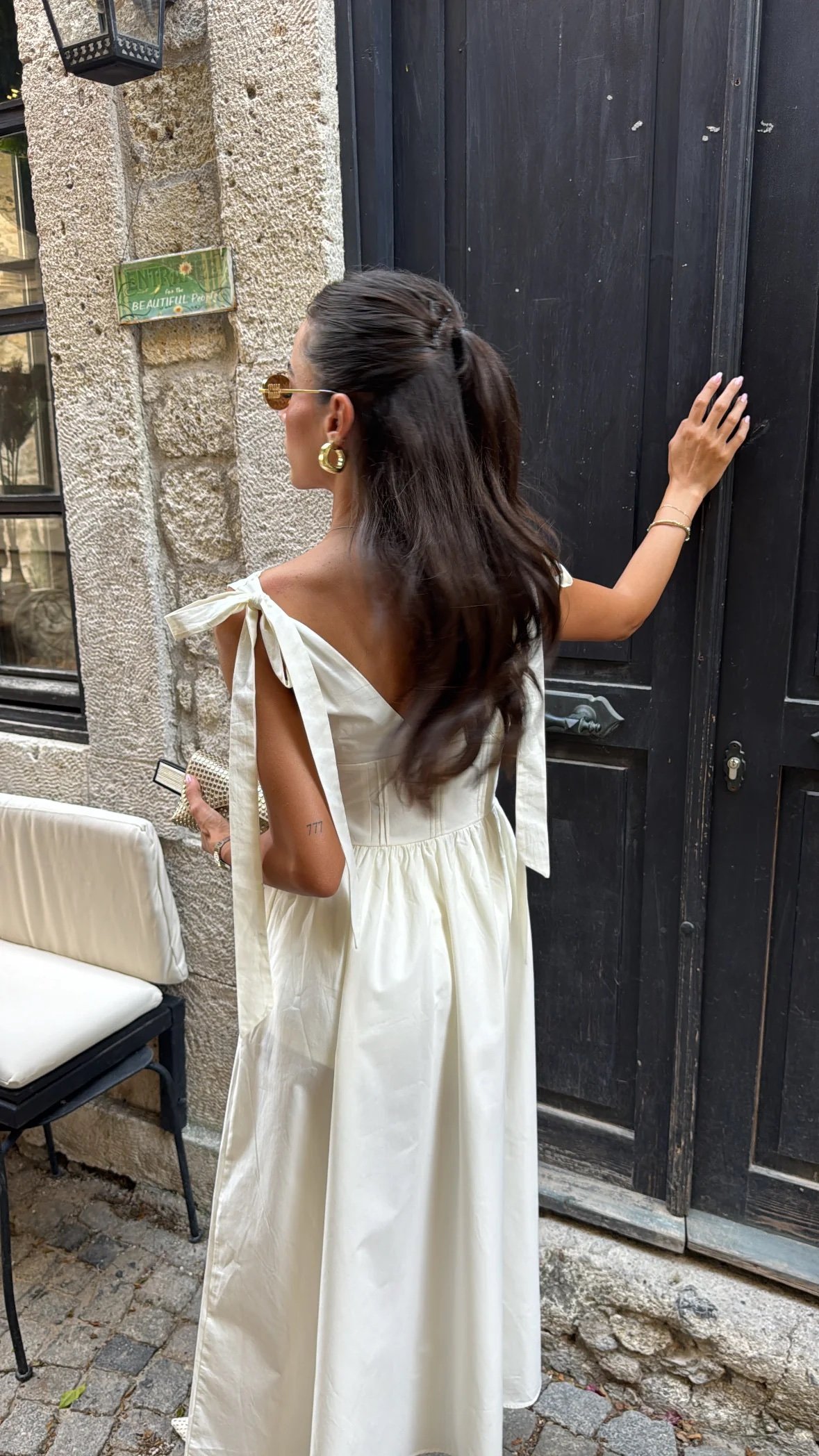 ECRU V-NECK MIDI DRESS WITH TIE-SHOULDER STRAPS - Image 3