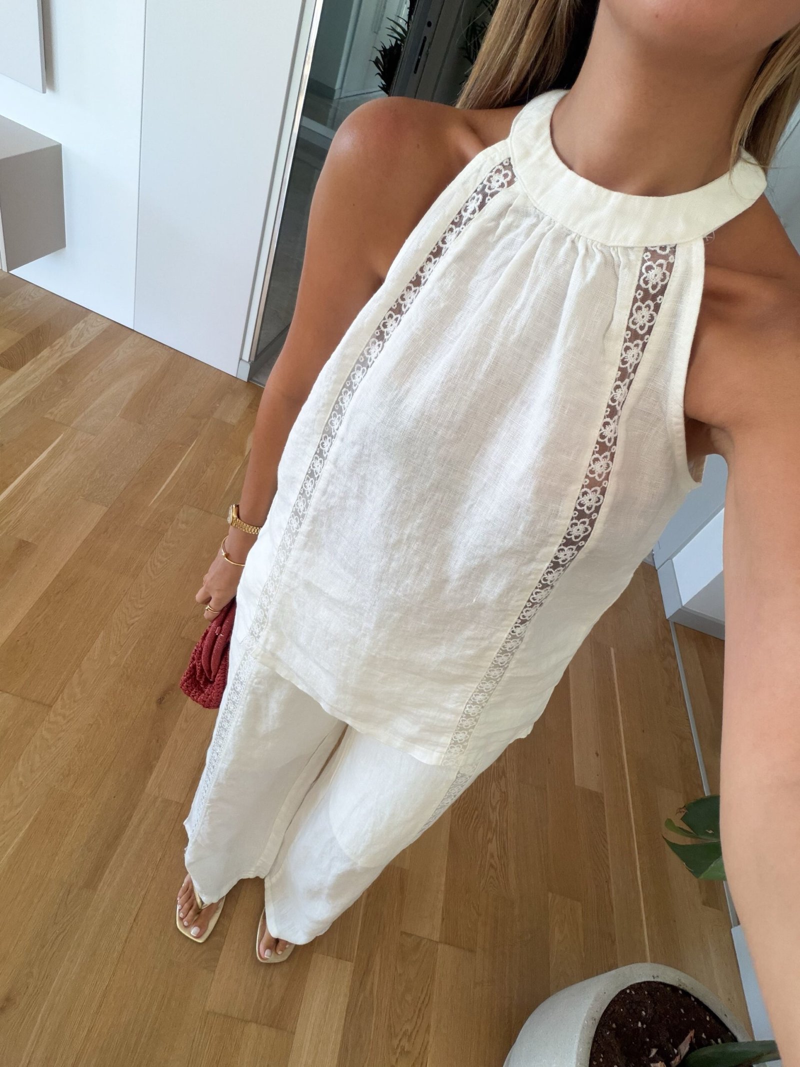 Lace Trimmed Pure Linen Trousers And Bluz - Ecru - Image 4
