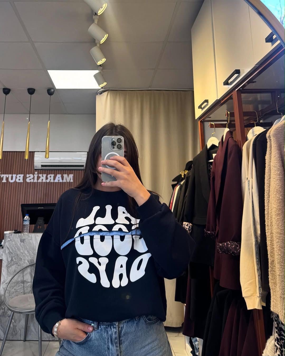 QUZU Ripped Detail Sweatshirt with Text Print, Navy Blue - Image 4