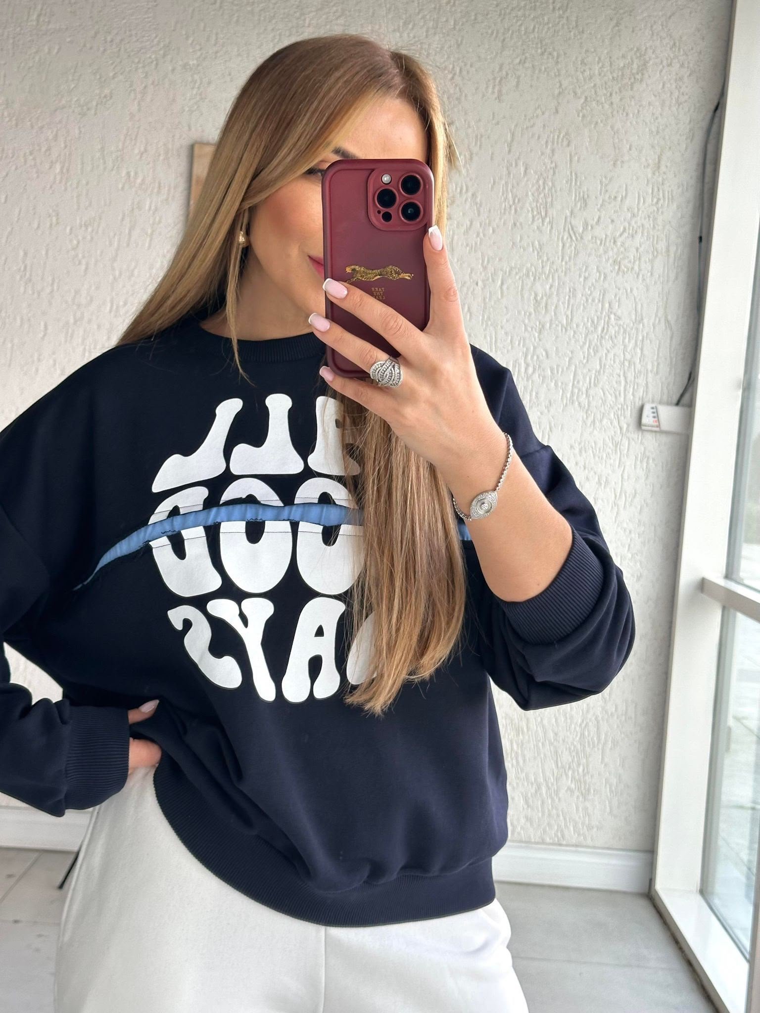 QUZU Ripped Detail Sweatshirt with Text Print, Navy Blue - Image 2
