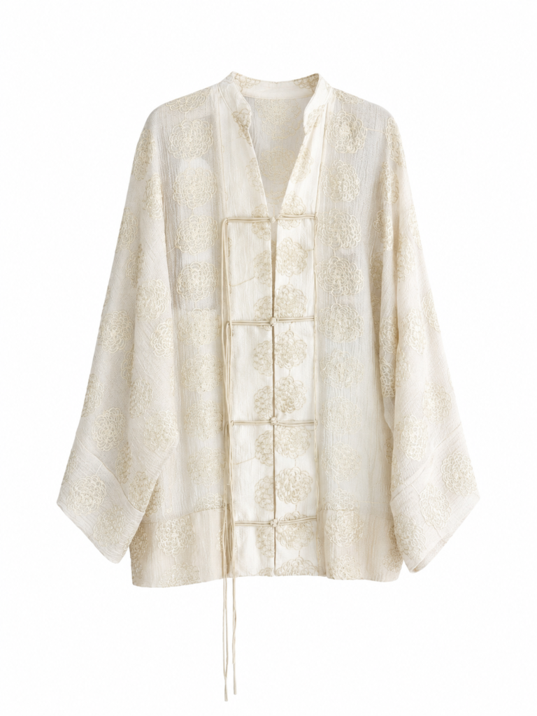 FROG CLOSURE EMBROIDERED KIMONO- BUTTER YELLOW