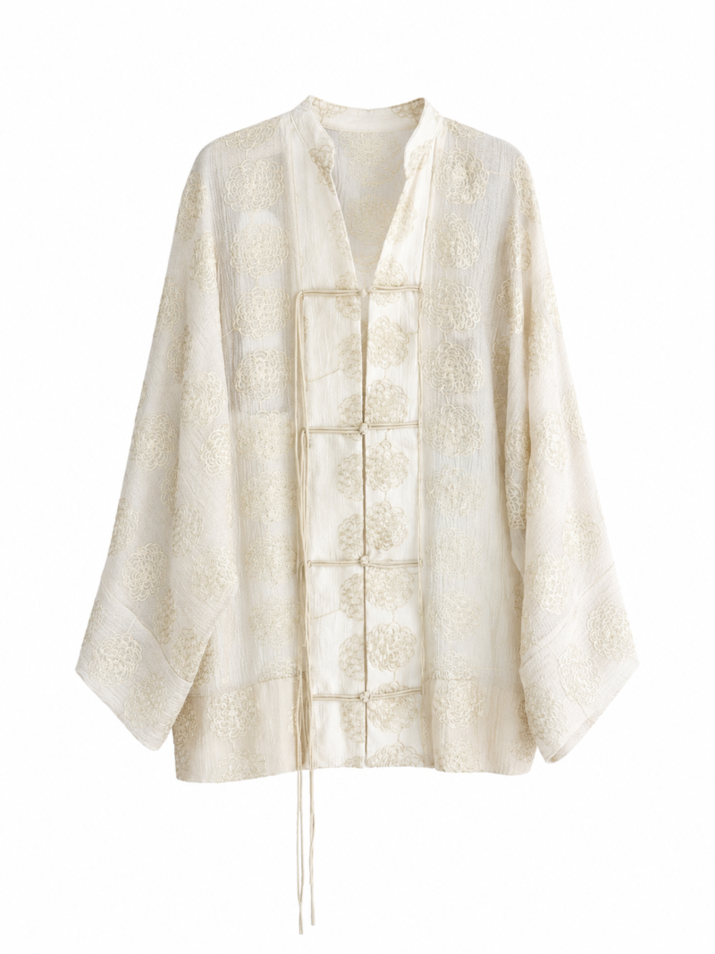 FROG CLOSURE EMBROIDERED KIMONO- BUTTER YELLOW