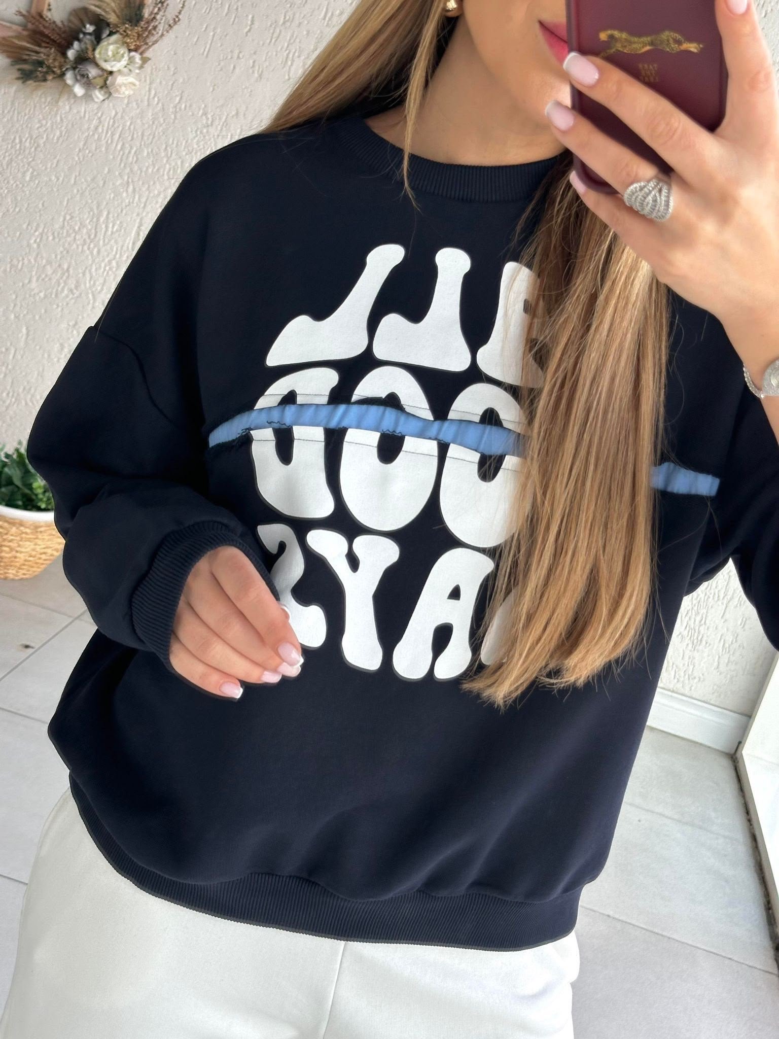 QUZU Ripped Detail Sweatshirt with Text Print, Navy Blue - Image 3