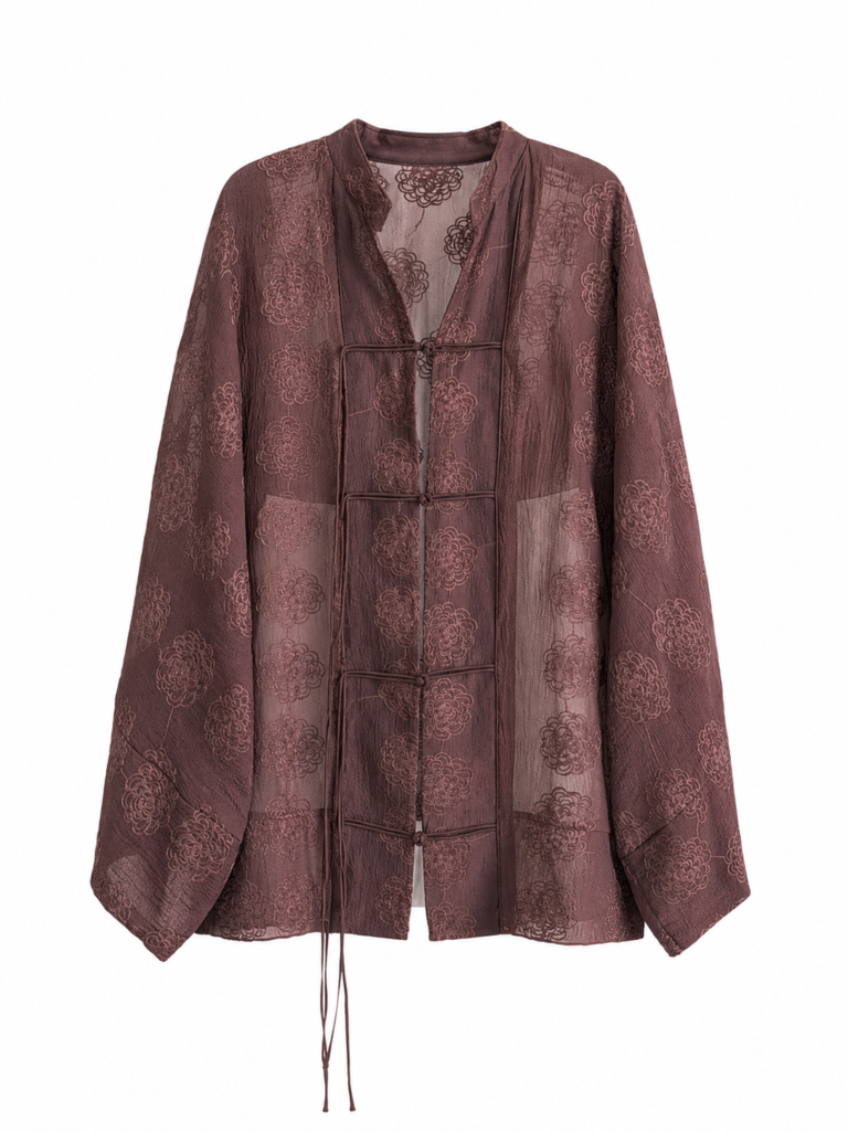 FROG CLOSURE EMBROIDERED KIMONO - Brown