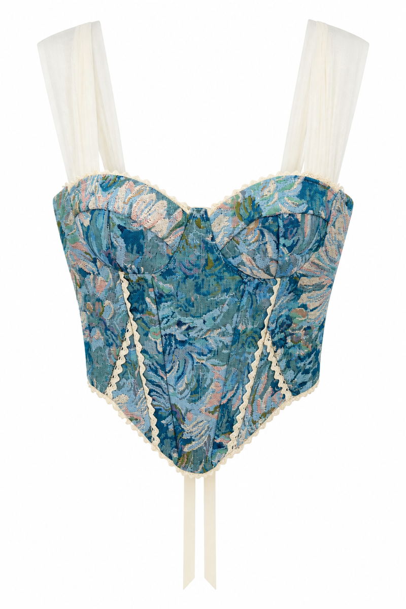 Vintage Floral Corset Top With Sheer Straps