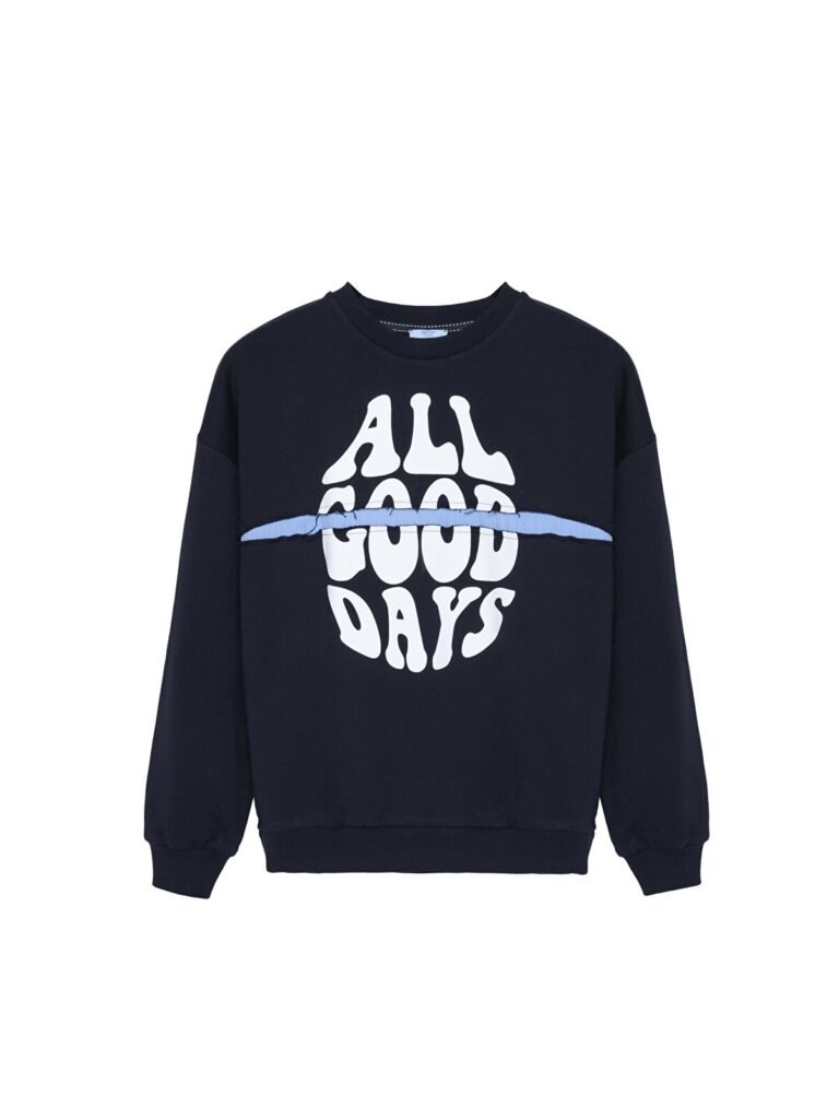 QUZU Ripped Detail Sweatshirt with Text Print, Navy Blue