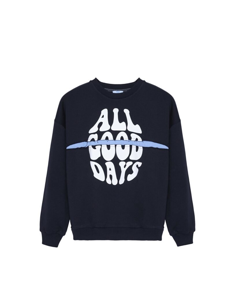 QUZU Ripped Detail Sweatshirt with Text Print, Navy Blue
