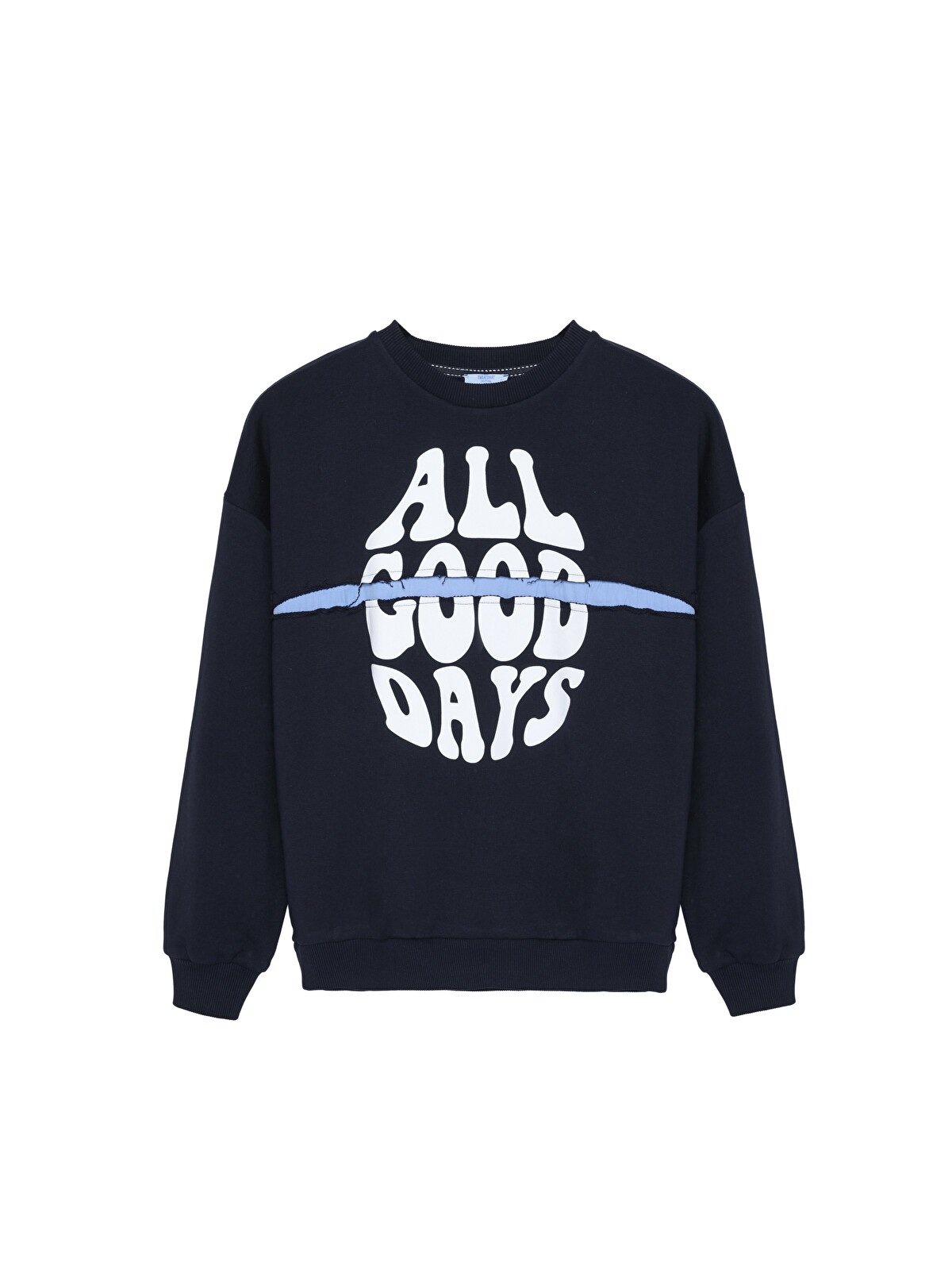 QUZU Ripped Detail Sweatshirt with Text Print, Navy Blue
