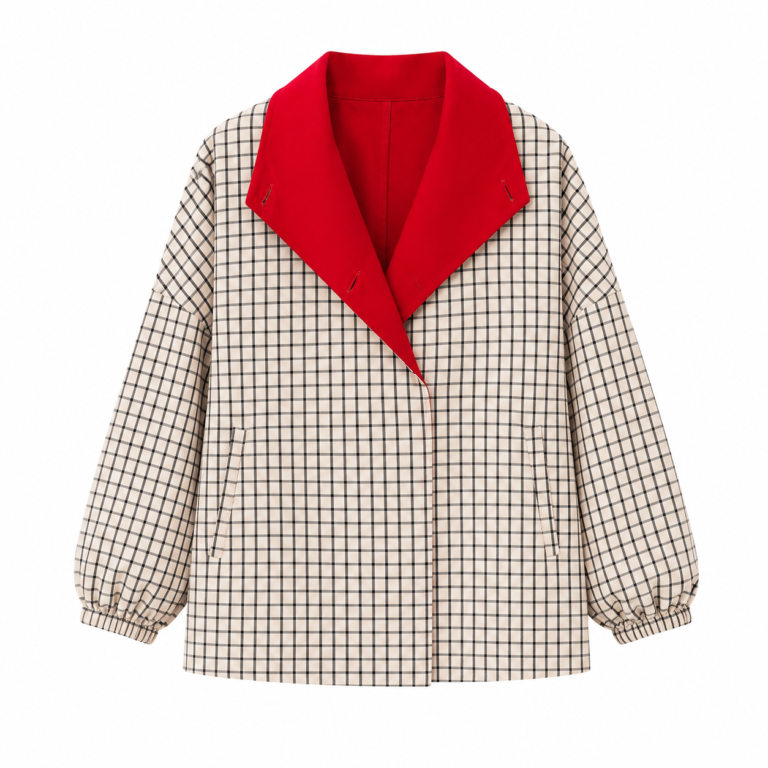 Lace-up Trimmed Plaid Jacket Red-
Beige