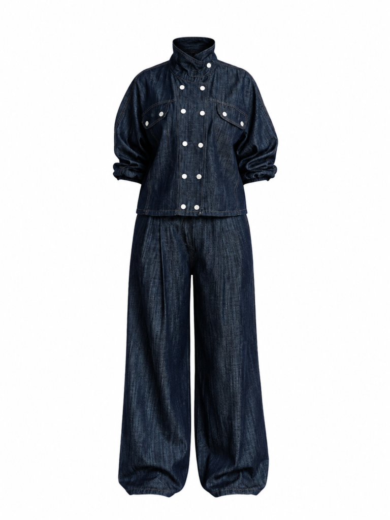 Navy Blue Stand Collar Snap Button Denim Jacket With Wide-leg denim jeans with darts.