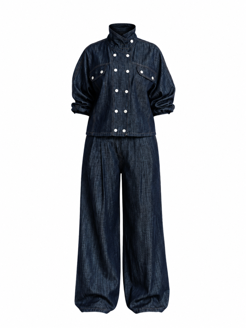 Navy Blue Stand Collar Snap Button Denim Jacket With Wide-leg denim jeans with darts.
