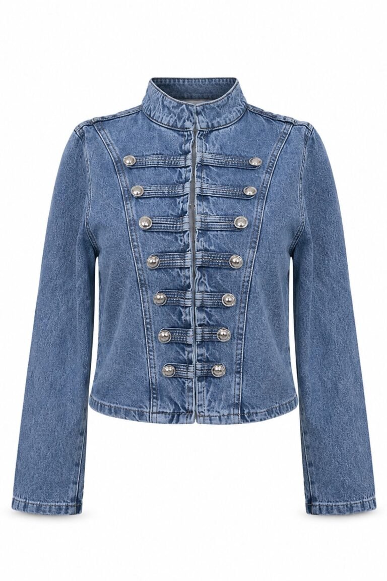 Button-Detail Stand-Up Collar Denim Jacket