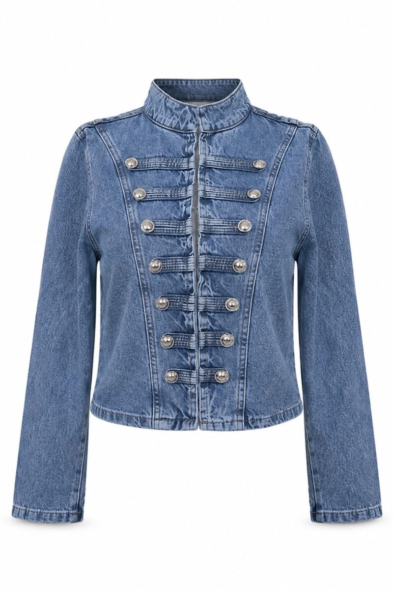 Button-Detail Stand-Up Collar Denim Jacket