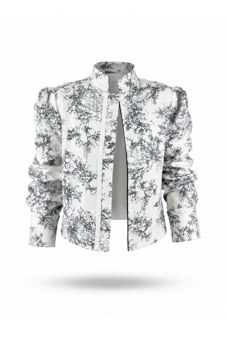 Blue Floral Patterned Stand-Up Collar Jacket