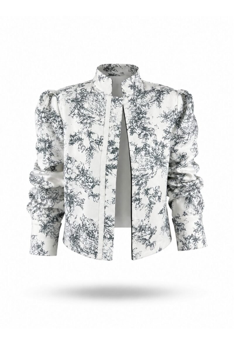 Blue Floral Patterned Stand-Up Collar Jacket