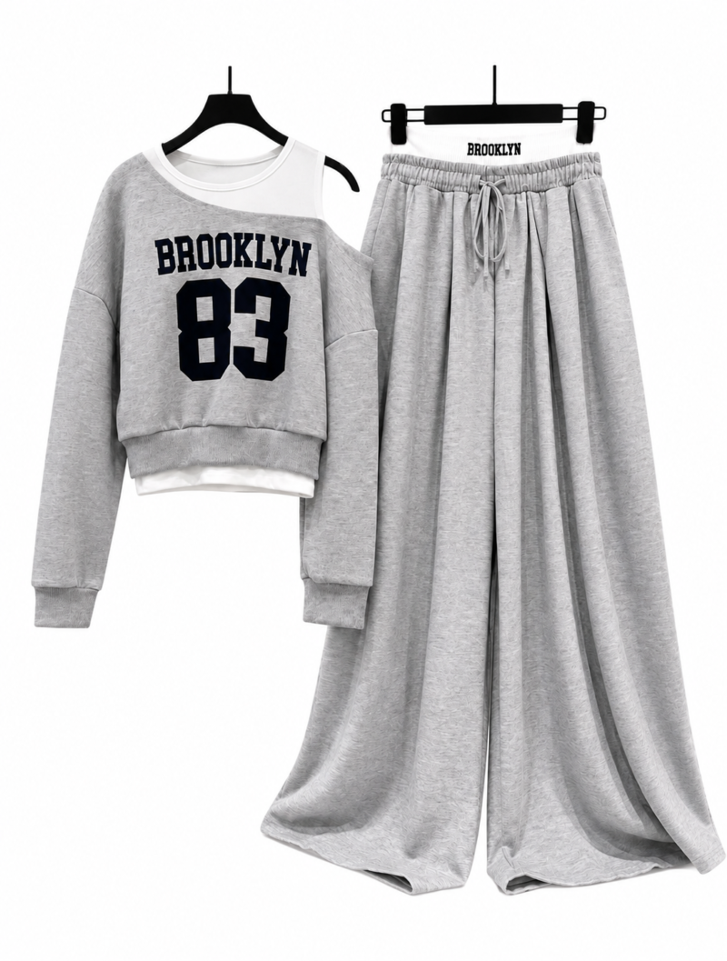 Quzu Ribbed Detail Sweatpants  With Asymmetric Tank Top Detailed Sweatshirt -  Grey Melange
