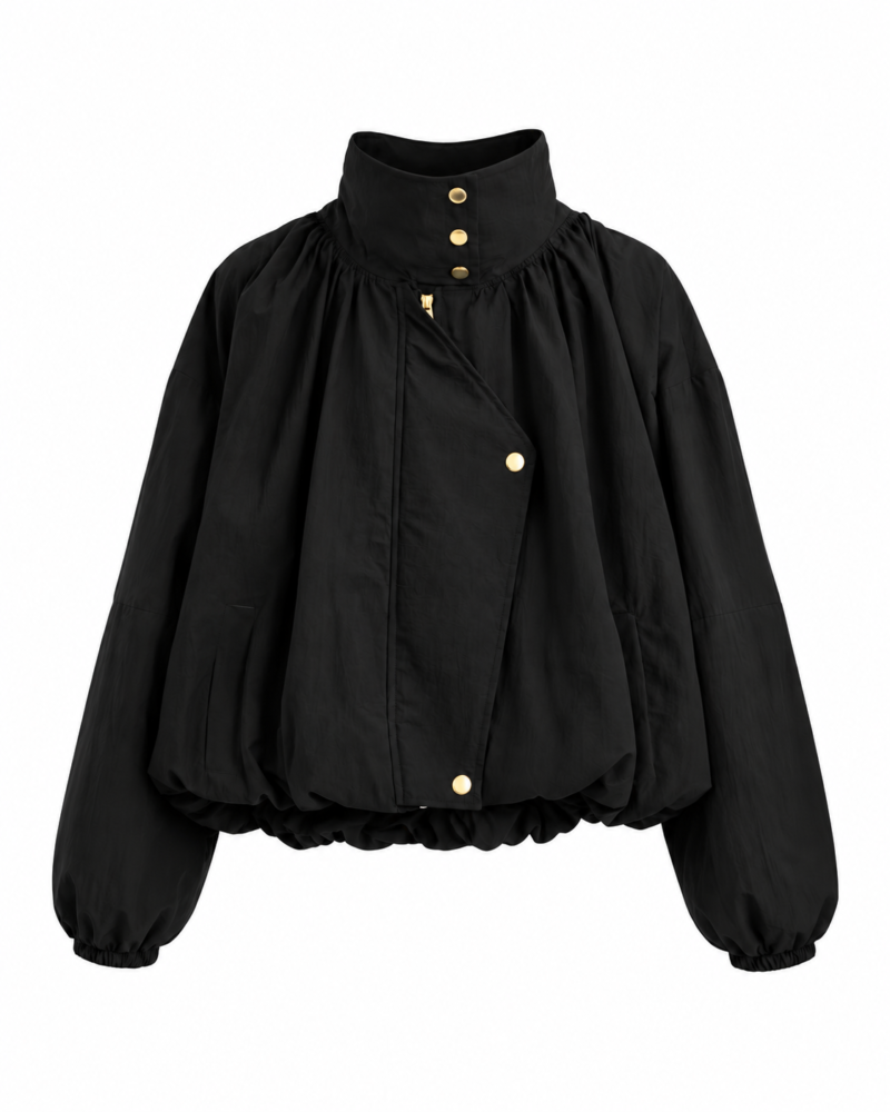 Stand-Collar Balloon Jacket with Gold Buttons