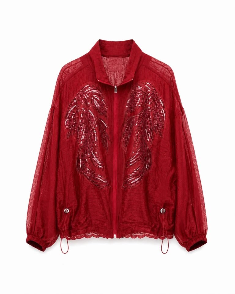 Red Jacket with Gathered Lace-Trimmed Hem