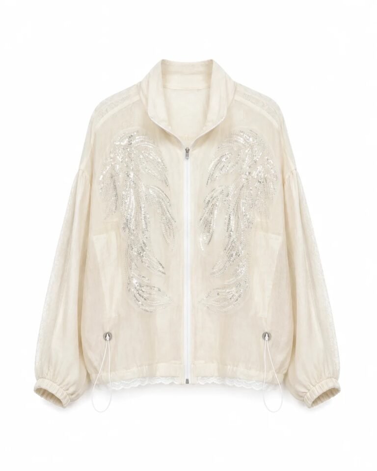 Ecru Jacket with Gathered Lace-Trimmed Hem