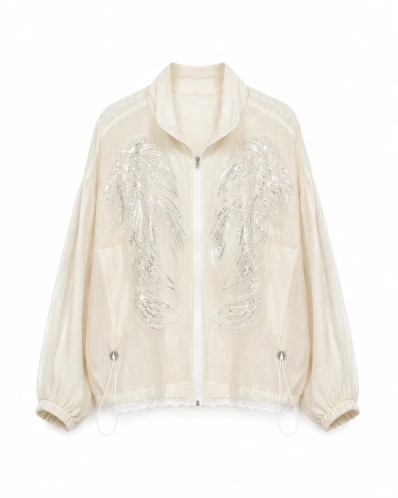 Ecru Jacket with Gathered Lace-Trimmed Hem
