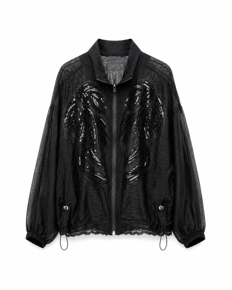 Black Jacket with Gathered Lace-Trimmed Hem