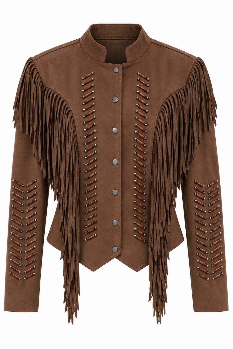 Tan-Colored Mandarin Collar Jacket with Tassels