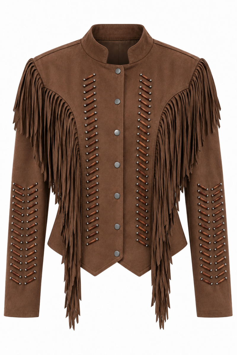 Tan-Colored Mandarin Collar Jacket with Tassels