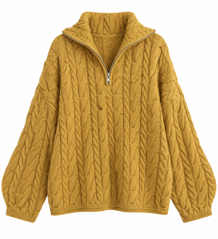 MUSTARD CABLE-KNIT SWEATER WITH ZIPPERED COLLAR