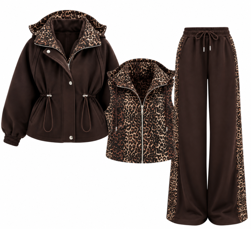 Premium Set- Dark Coffee-Colored Leopard-Print Jacket with Elasticized Waist and Matching Trousers