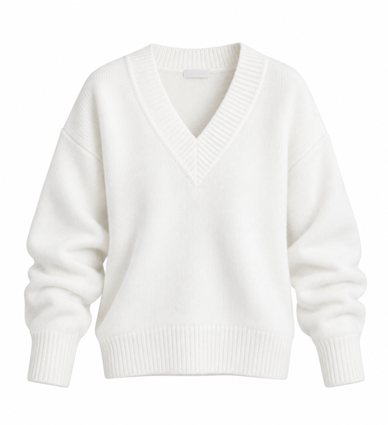Ecru Lorenza V-Neck Wool-Blend Premium Sweater