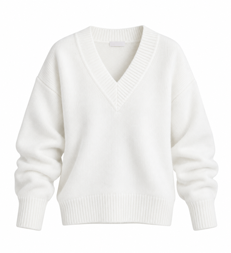 Ecru Lorenza V-Neck Wool-Blend Premium Sweater