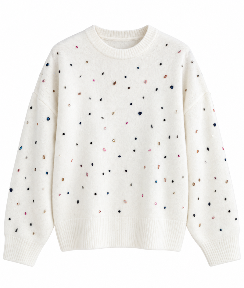 Ecru Soft Sweater with Colorful Stone Embellishments
