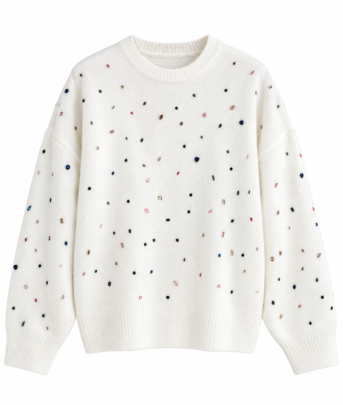 Ecru Soft Sweater with Colorful Stone Embellishments