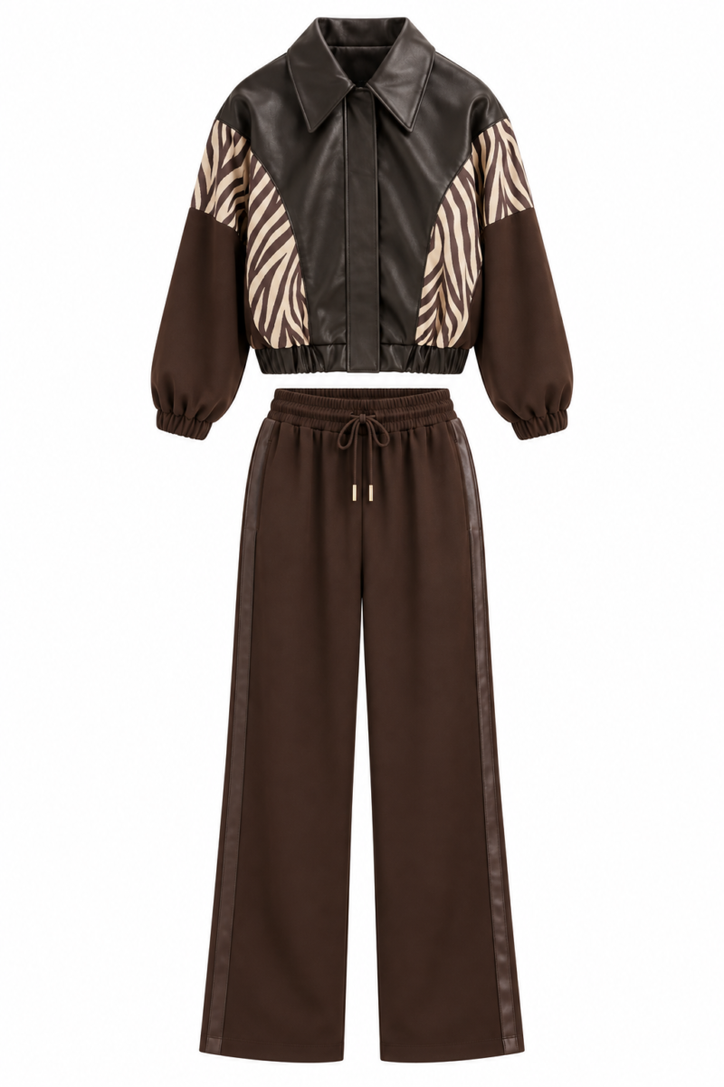 Premium Set: Dark Coffee-Colored Zebra-Print Lined Jacket and Modal Fabric Trousers with an Elasticized Waist