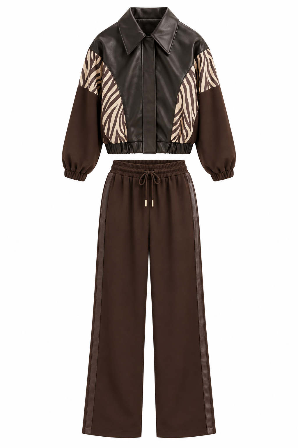 Premium Set: Dark Coffee-Colored Zebra-Print Lined Jacket and Modal Fabric Trousers with an Elasticized Waist