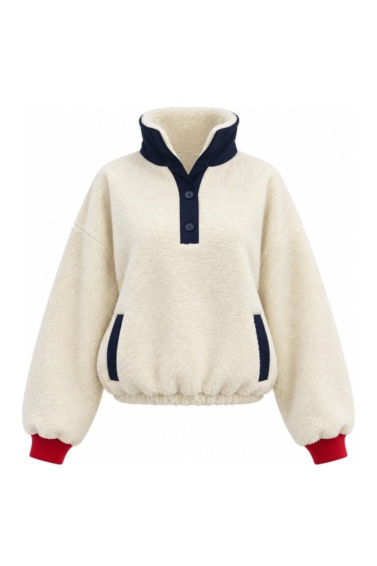 Fleece Sweatshirt with Elasticized Waist and Buttoned Neck