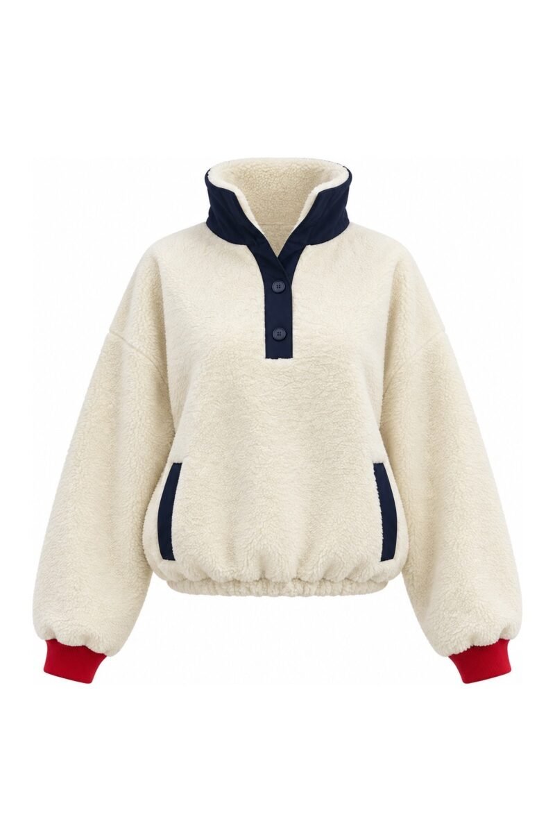 Fleece Sweatshirt with Elasticized Waist and Buttoned Neck