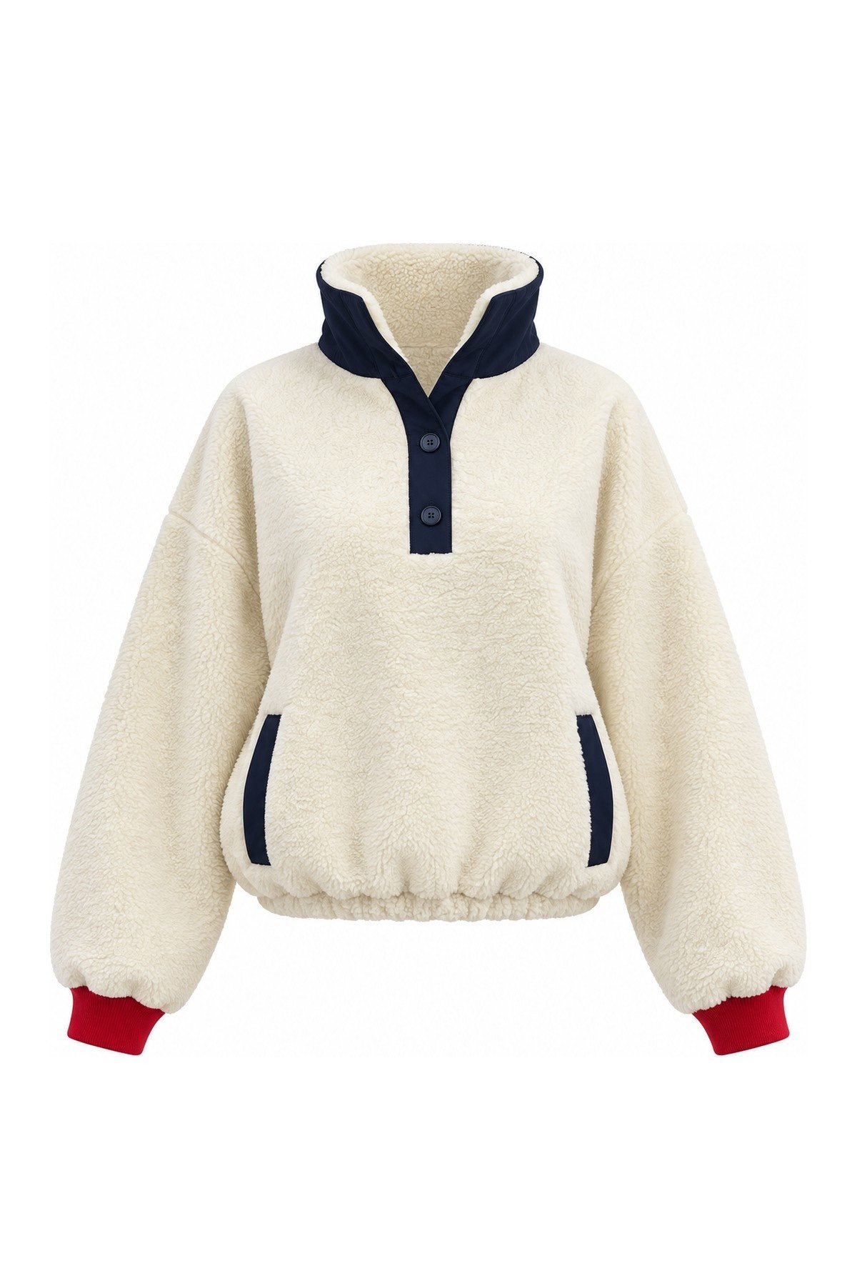 Fleece Sweatshirt with Elasticized Waist and Buttoned Neck