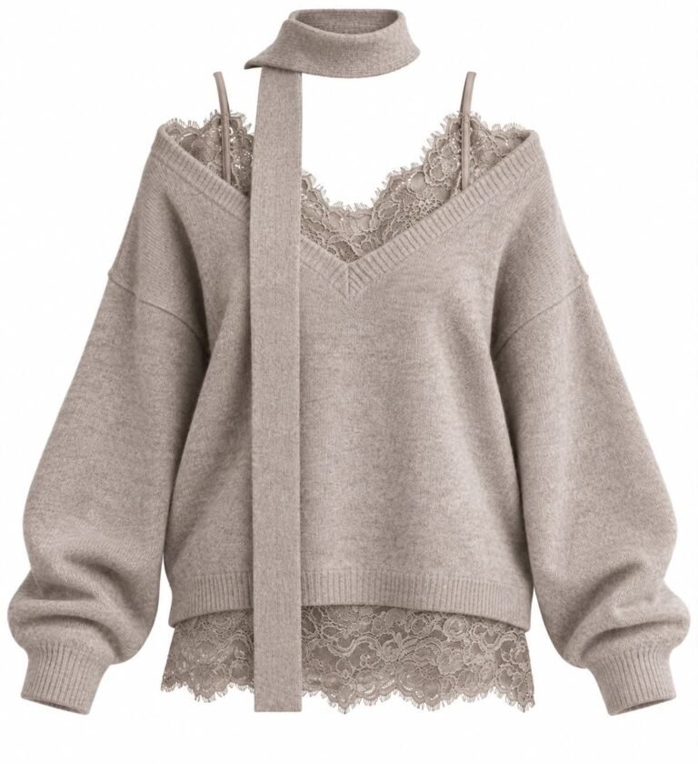 Knitted Sweater with Lace Bustier and Scarf Detail - Beige