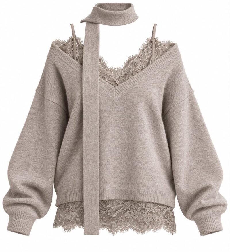 Knitted Sweater with Lace Bustier and Scarf Detail - Beige