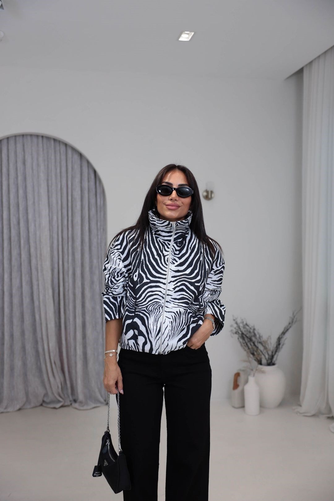 Zebra-Print Jacket with Zipper and Elastic Waist – Black & White - Image 2