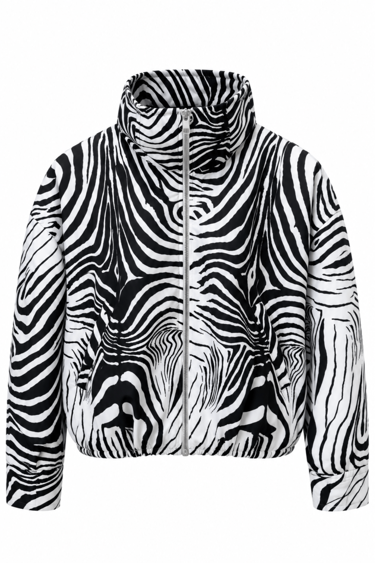 Zebra-Print Jacket with Zipper and Elastic Waist – Black & White