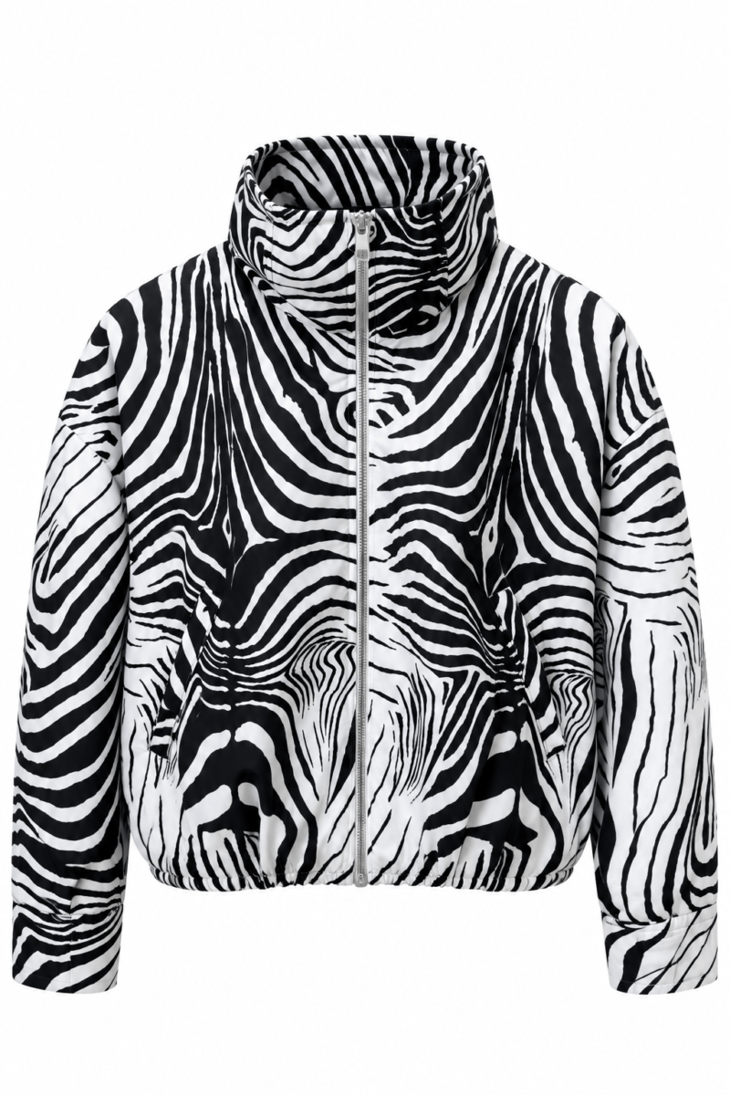 Zebra-Print Jacket with Zipper and Elastic Waist – Black & White