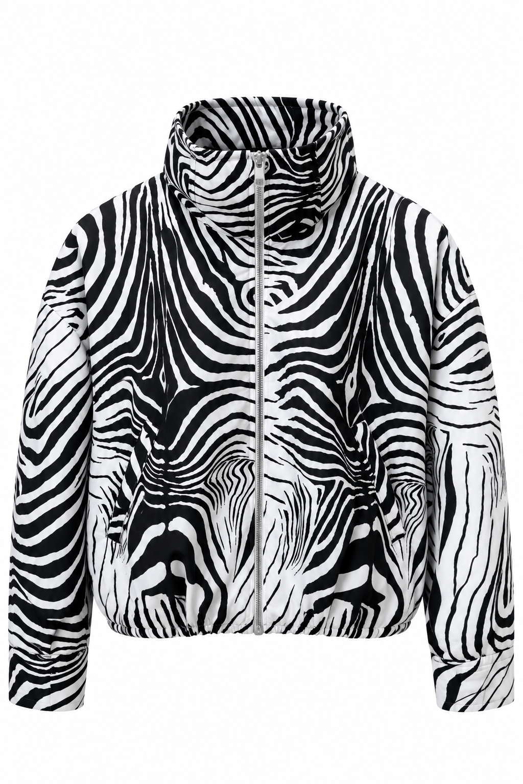 Zebra-Print Jacket with Zipper and Elastic Waist – Black & White